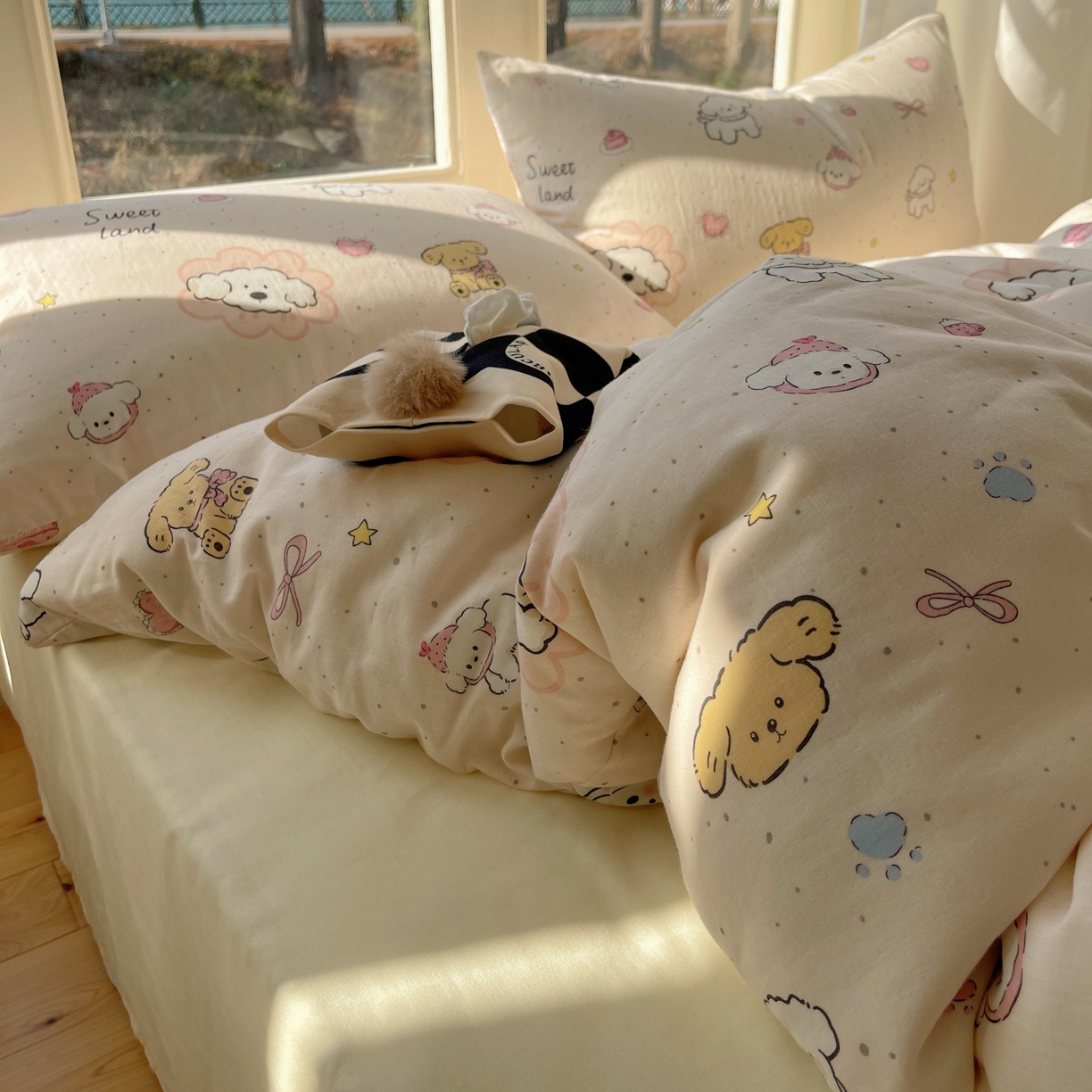 91家纺网 家纺一手货源 找家纺 （总）六巷胡同 2026春夏新款INS卡通A类全棉纯棉双层纱四件套