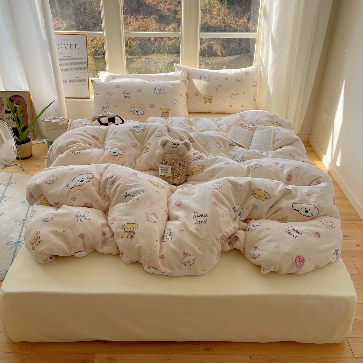 91家纺网 家纺一手货源 找家纺 （总）六巷胡同 2026春夏新款INS卡通A类全棉纯棉双层纱四件套