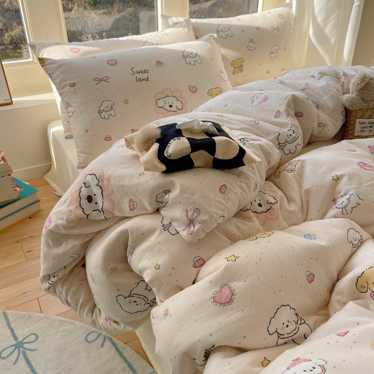 91家纺网 家纺一手货源 找家纺 （总）六巷胡同 2026春夏新款INS卡通A类全棉纯棉双层纱四件套