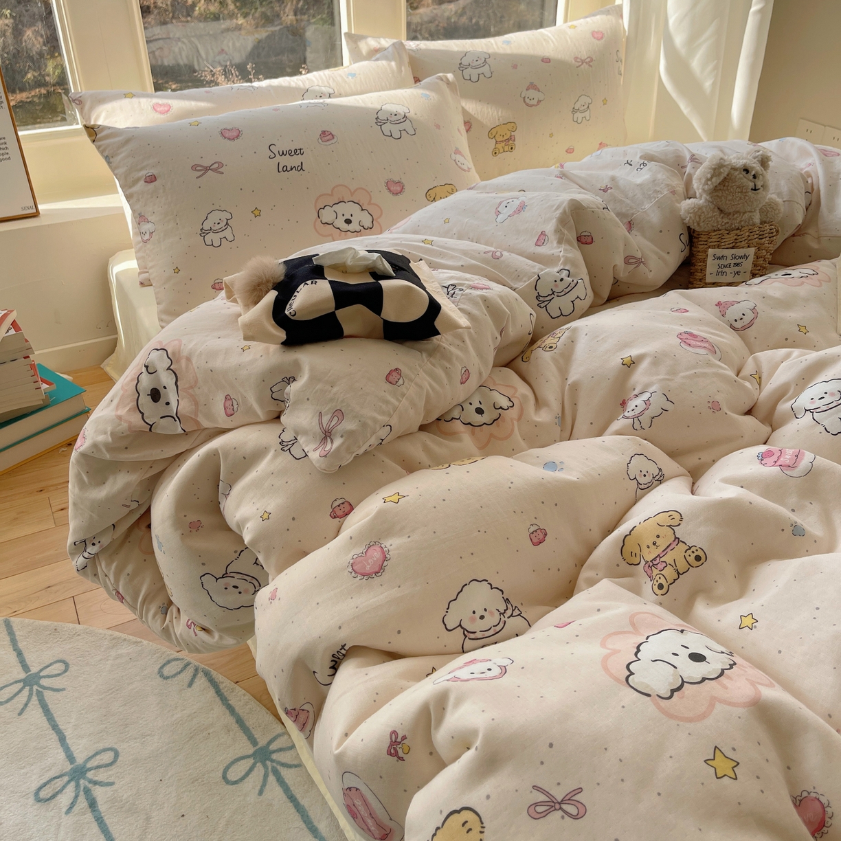 91家纺网 家纺一手货源 找家纺 （总）六巷胡同 2026春夏新款INS卡通A类全棉纯棉双层纱四件套