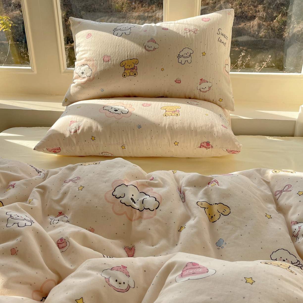 91家纺网 家纺一手货源 找家纺 （总）六巷胡同 2026春夏新款INS卡通A类全棉纯棉双层纱四件套
