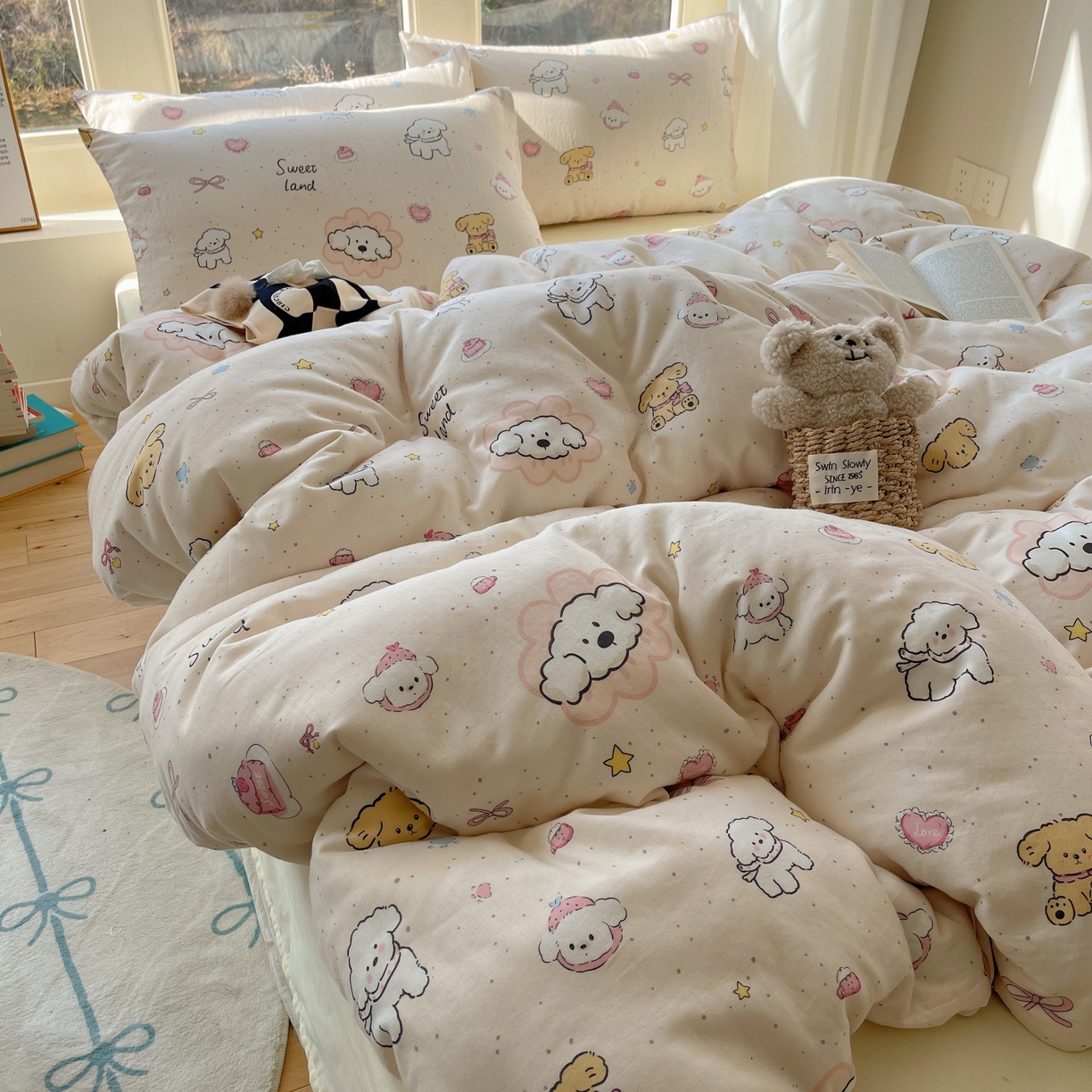 91家纺网 家纺一手货源 找家纺 （总）六巷胡同 2026春夏新款INS卡通A类全棉纯棉双层纱四件套