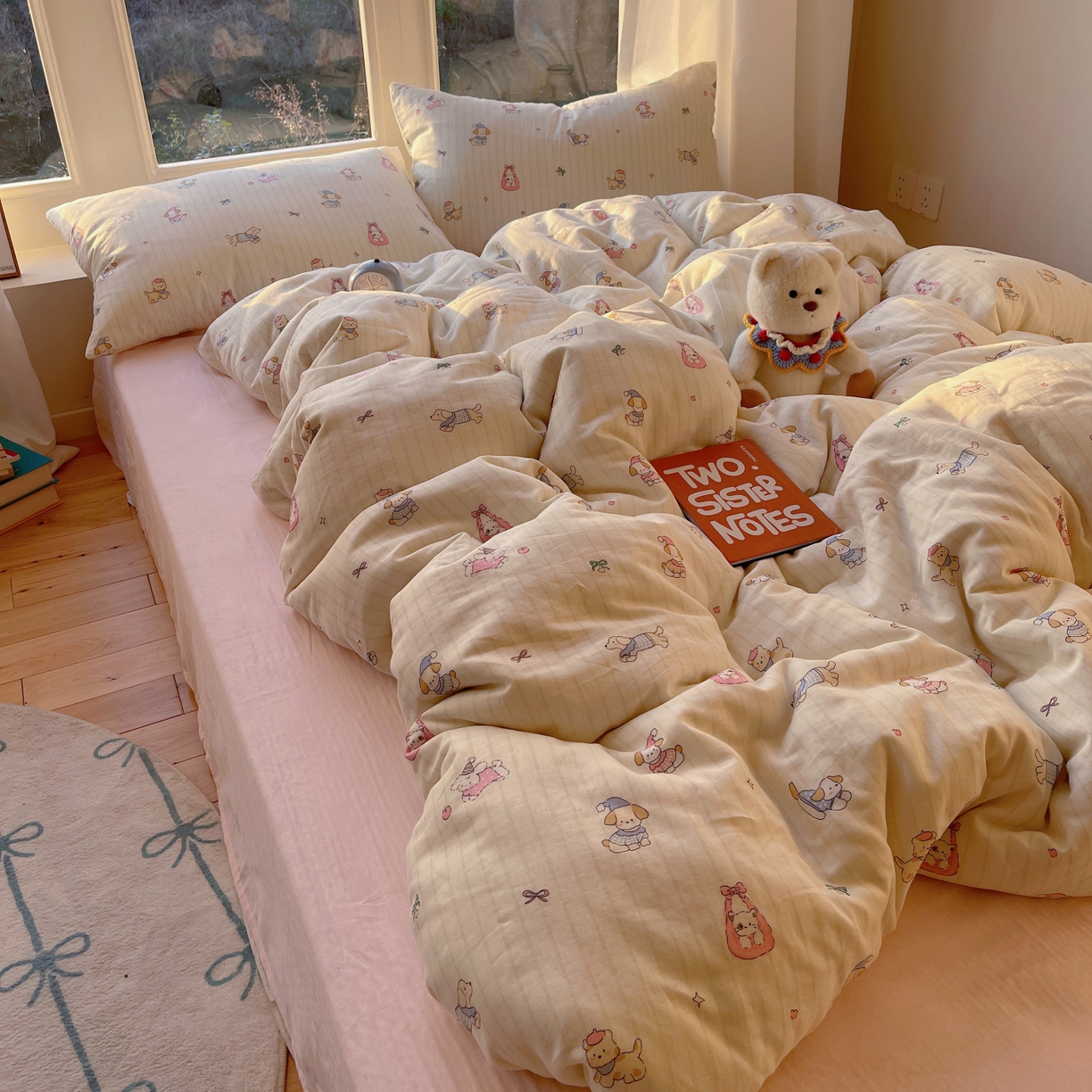 91家纺网 家纺一手货源 找家纺 （总）六巷胡同 2026春夏新款INS卡通A类全棉纯棉双层纱四件套