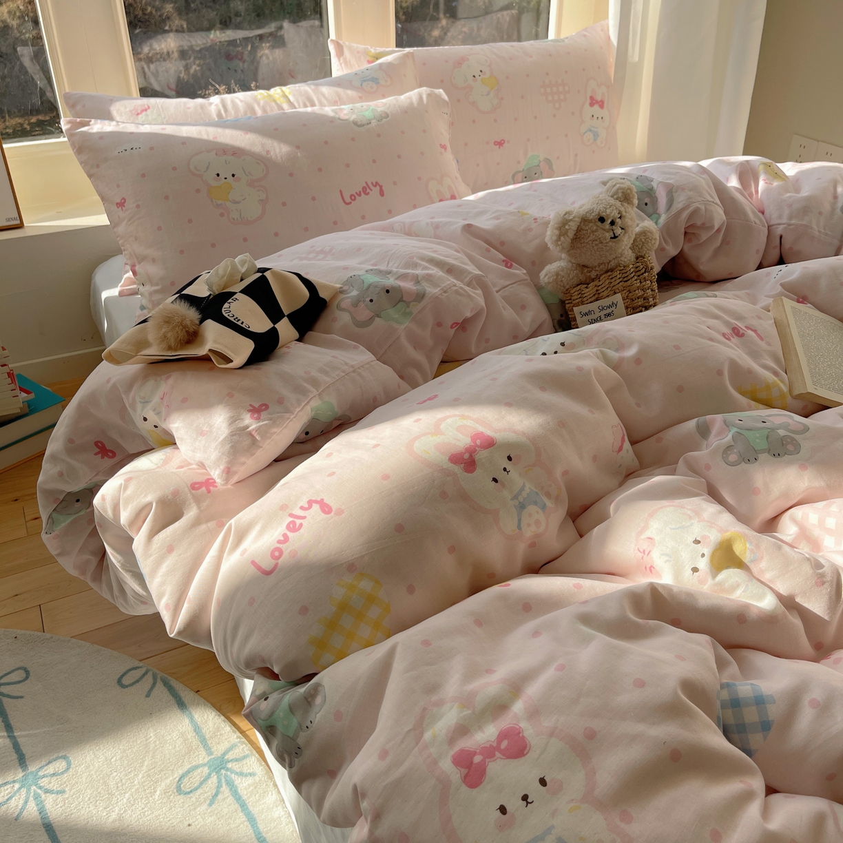 91家纺网 家纺一手货源 找家纺 六巷胡同 2026春夏新款INS卡通A类全棉纯棉双层纱四件套 双层纱-动物园日记