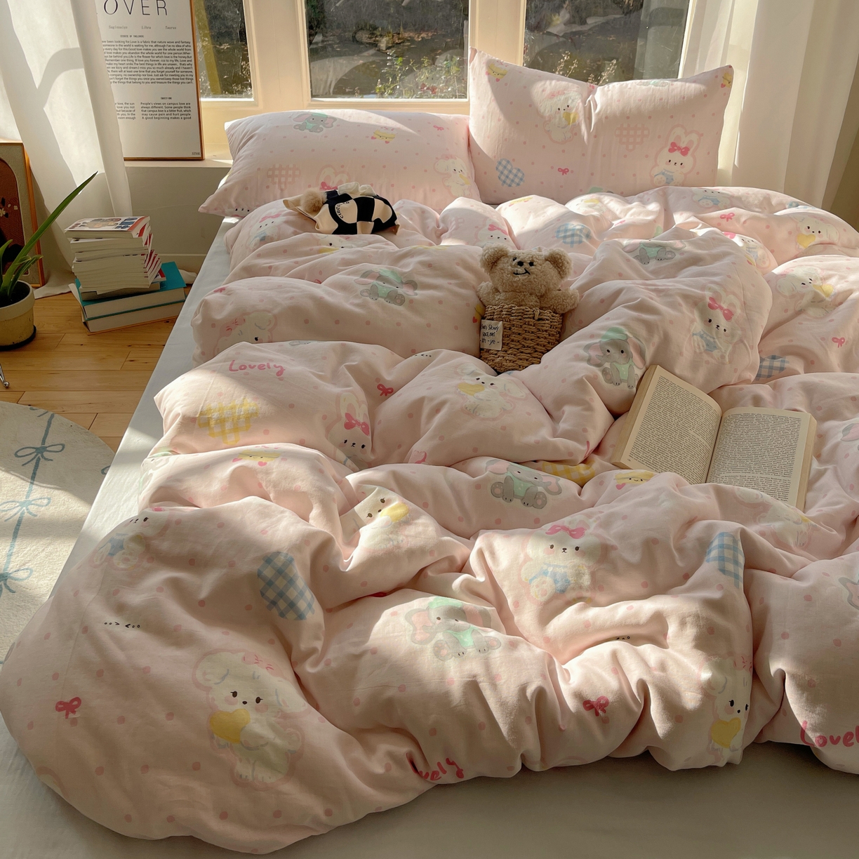 91家纺网 家纺一手货源 找家纺 六巷胡同 2026春夏新款INS卡通A类全棉纯棉双层纱四件套 双层纱-动物园日记