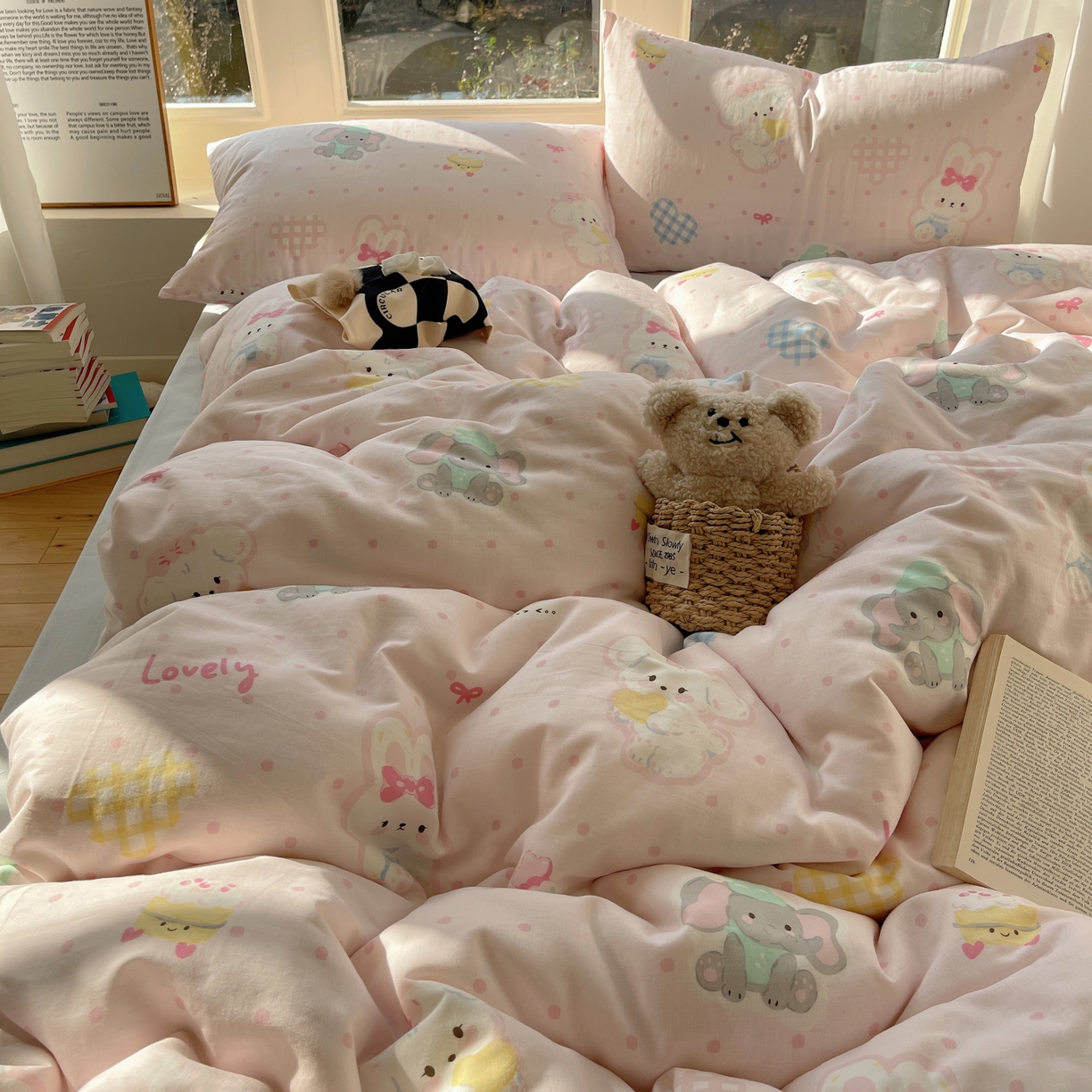 91家纺网 家纺一手货源 找家纺 六巷胡同 2026春夏新款INS卡通A类全棉纯棉双层纱四件套 双层纱-动物园日记