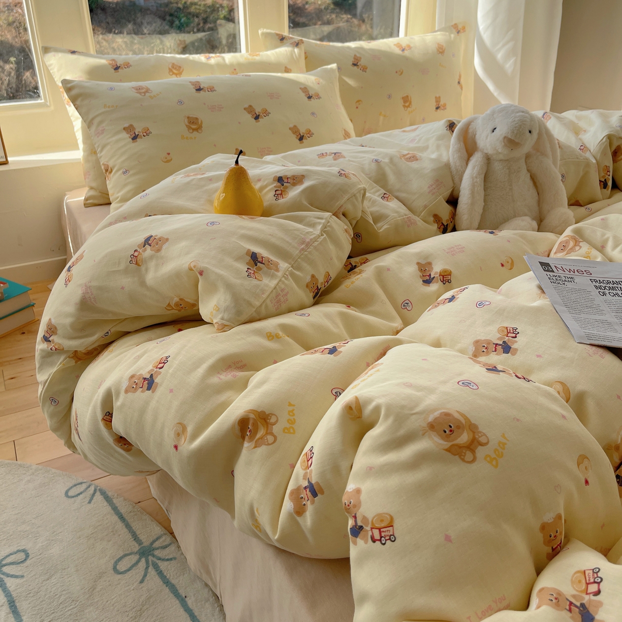 91家纺网 家纺一手货源 找家纺 六巷胡同 2026春夏新款INS卡通A类全棉纯棉双层纱四件套 双层纱-烘焙小熊