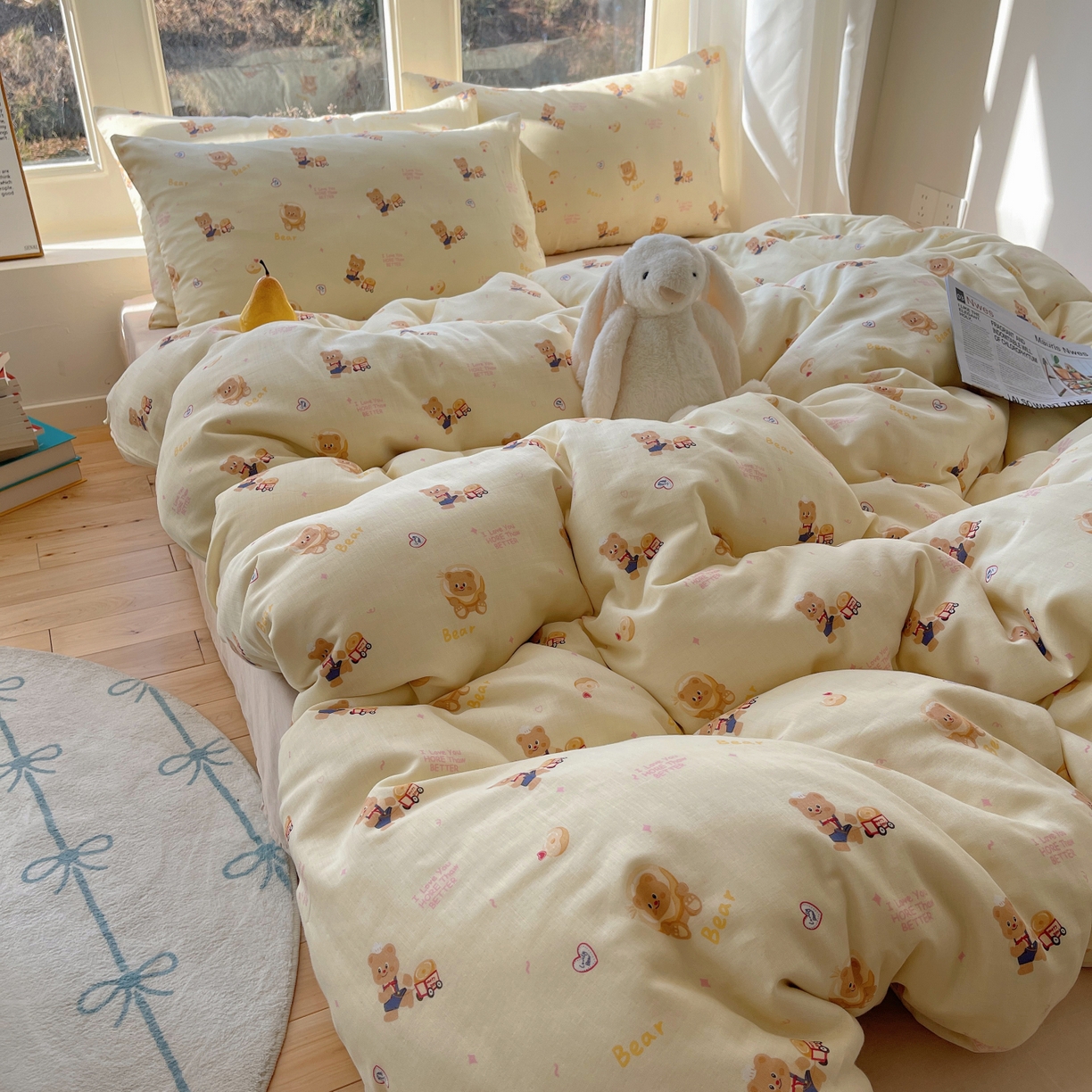 91家纺网 家纺一手货源 找家纺 六巷胡同 2026春夏新款INS卡通A类全棉纯棉双层纱四件套 双层纱-烘焙小熊