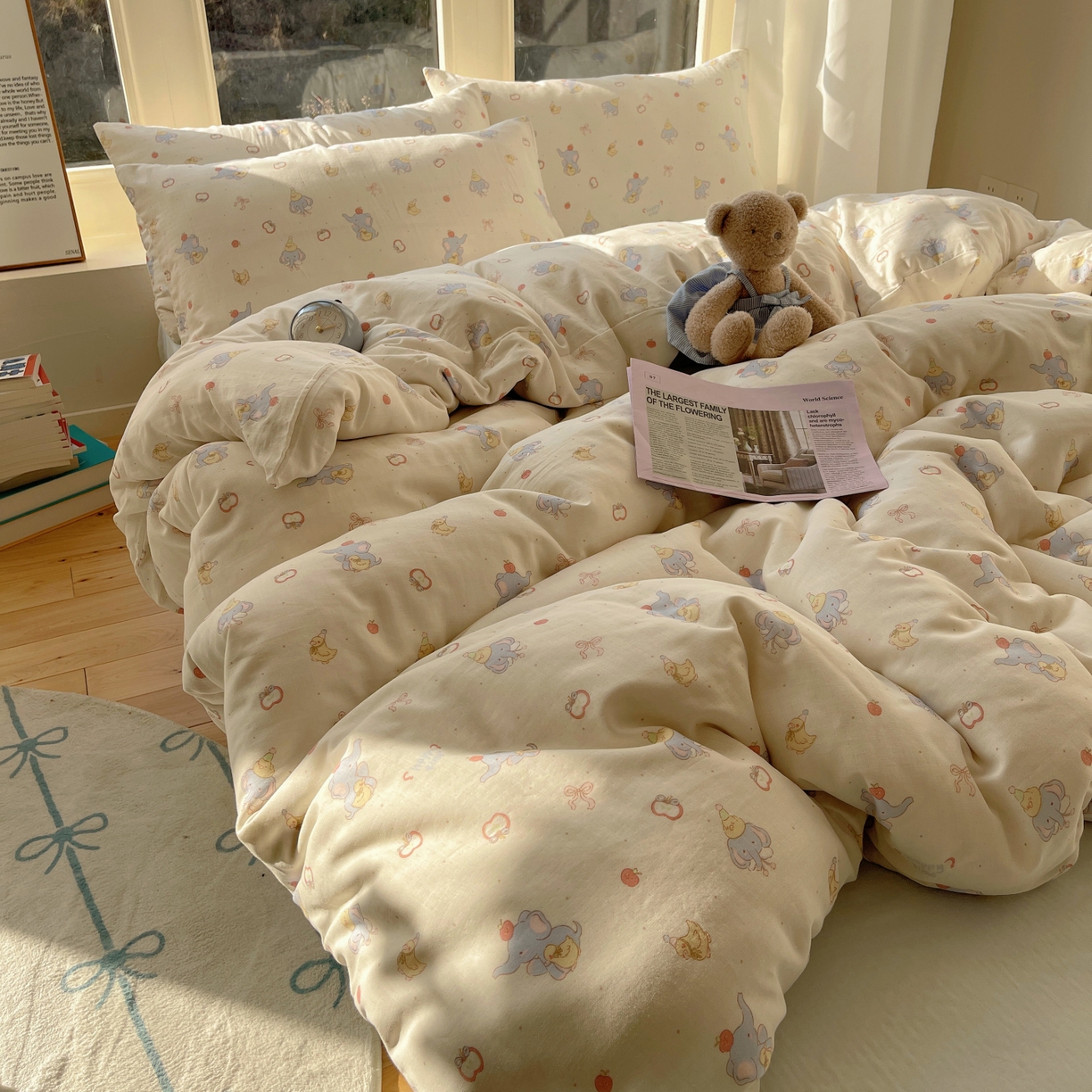 91家纺网 家纺一手货源 找家纺 六巷胡同 2026春夏新款INS卡通A类全棉纯棉双层纱四件套 双层纱-可爱小象鸭