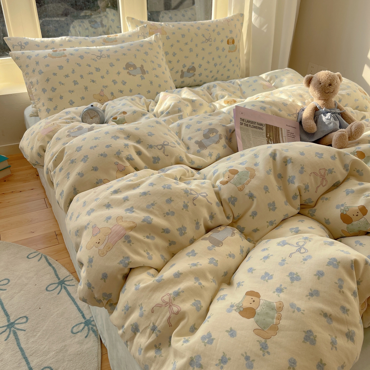 六巷胡同 2026春夏新款INS卡通A类全棉纯棉双层纱四件套 双层纱-蓝碎花修狗