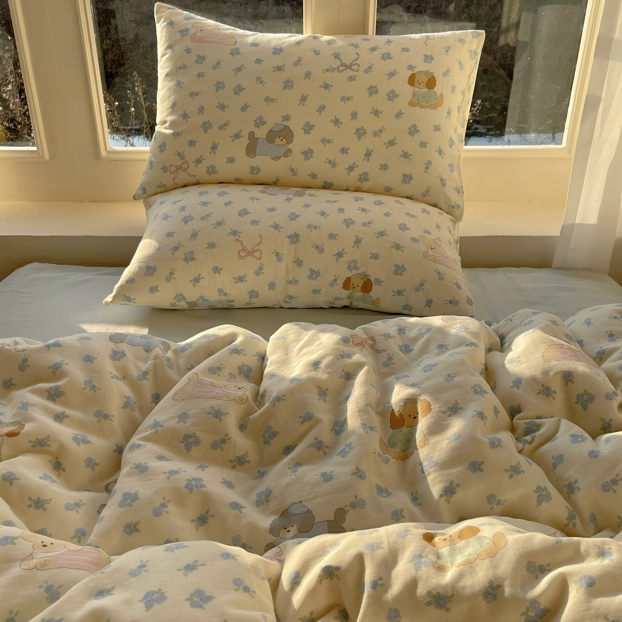 91家纺网 家纺一手货源 找家纺 六巷胡同 2026春夏新款INS卡通A类全棉纯棉双层纱四件套 双层纱-蓝碎花修狗