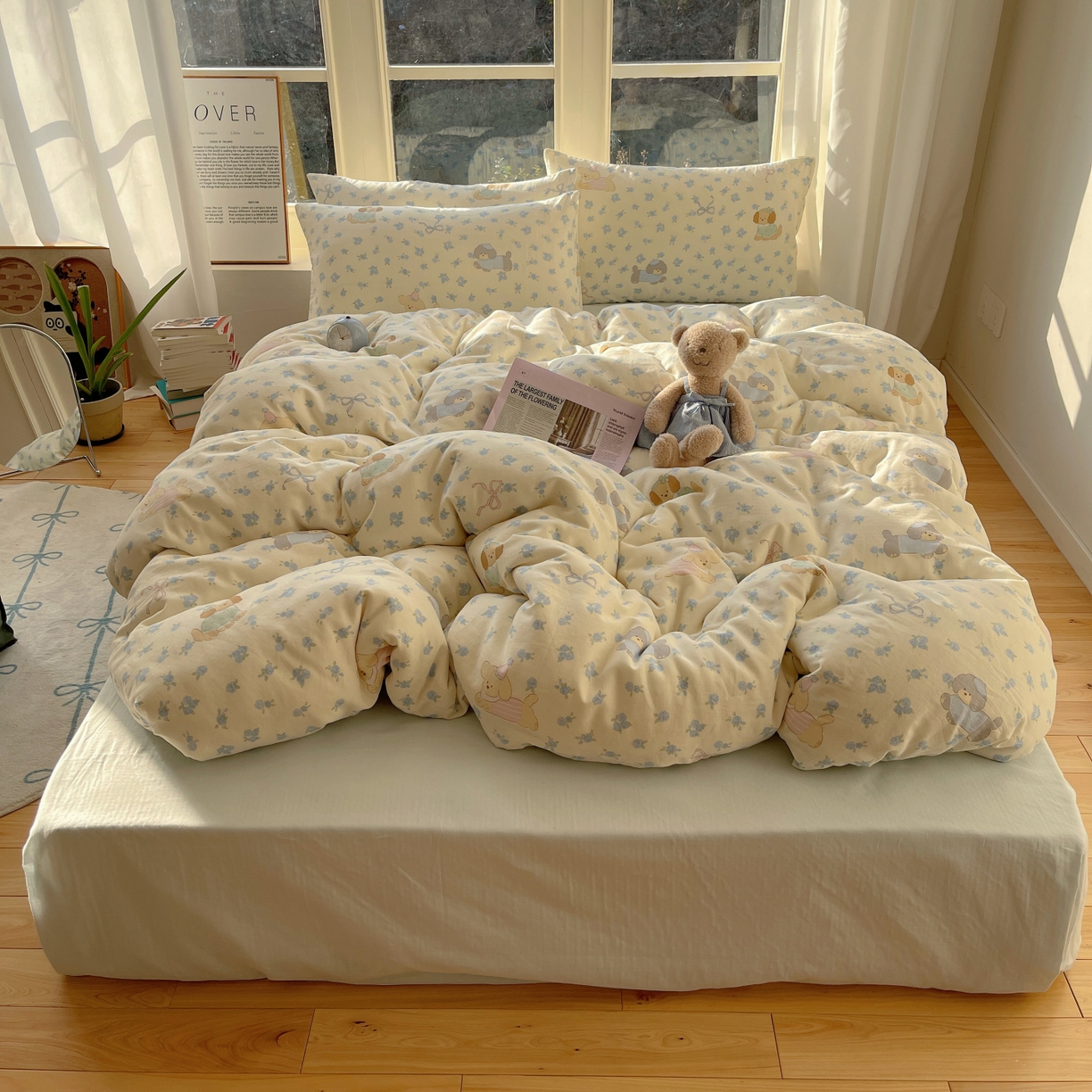 91家纺网 家纺一手货源 找家纺 六巷胡同 2026春夏新款INS卡通A类全棉纯棉双层纱四件套 双层纱-蓝碎花修狗