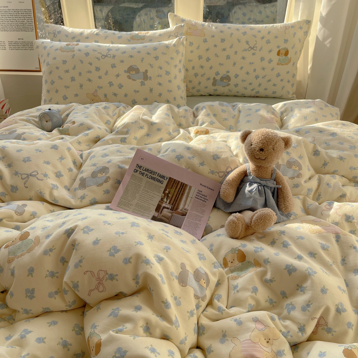 91家纺网 家纺一手货源 找家纺 六巷胡同 2026春夏新款INS卡通A类全棉纯棉双层纱四件套 双层纱-蓝碎花修狗