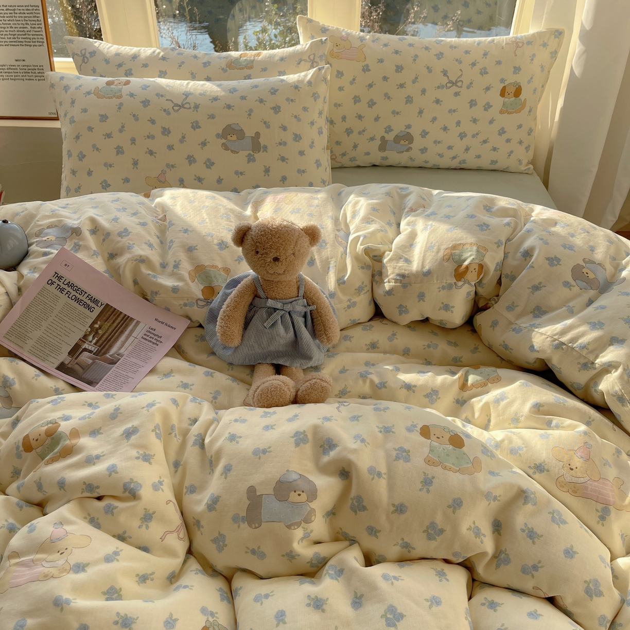 91家纺网 家纺一手货源 找家纺 六巷胡同 2026春夏新款INS卡通A类全棉纯棉双层纱四件套 双层纱-蓝碎花修狗