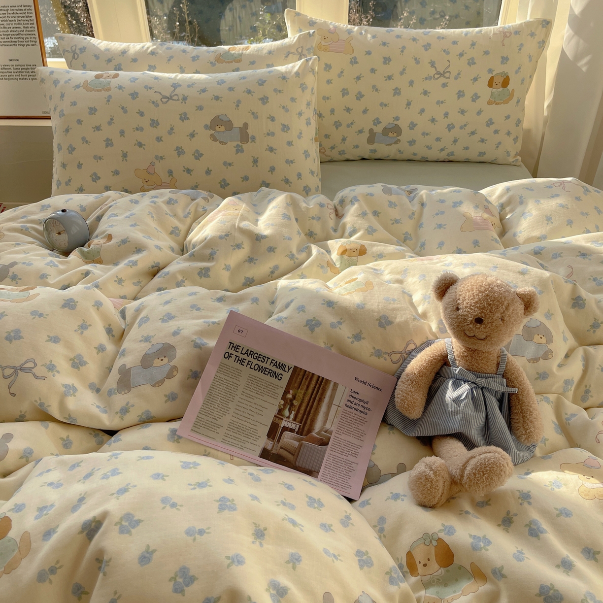 91家纺网 家纺一手货源 找家纺 六巷胡同 2026春夏新款INS卡通A类全棉纯棉双层纱四件套 双层纱-蓝碎花修狗