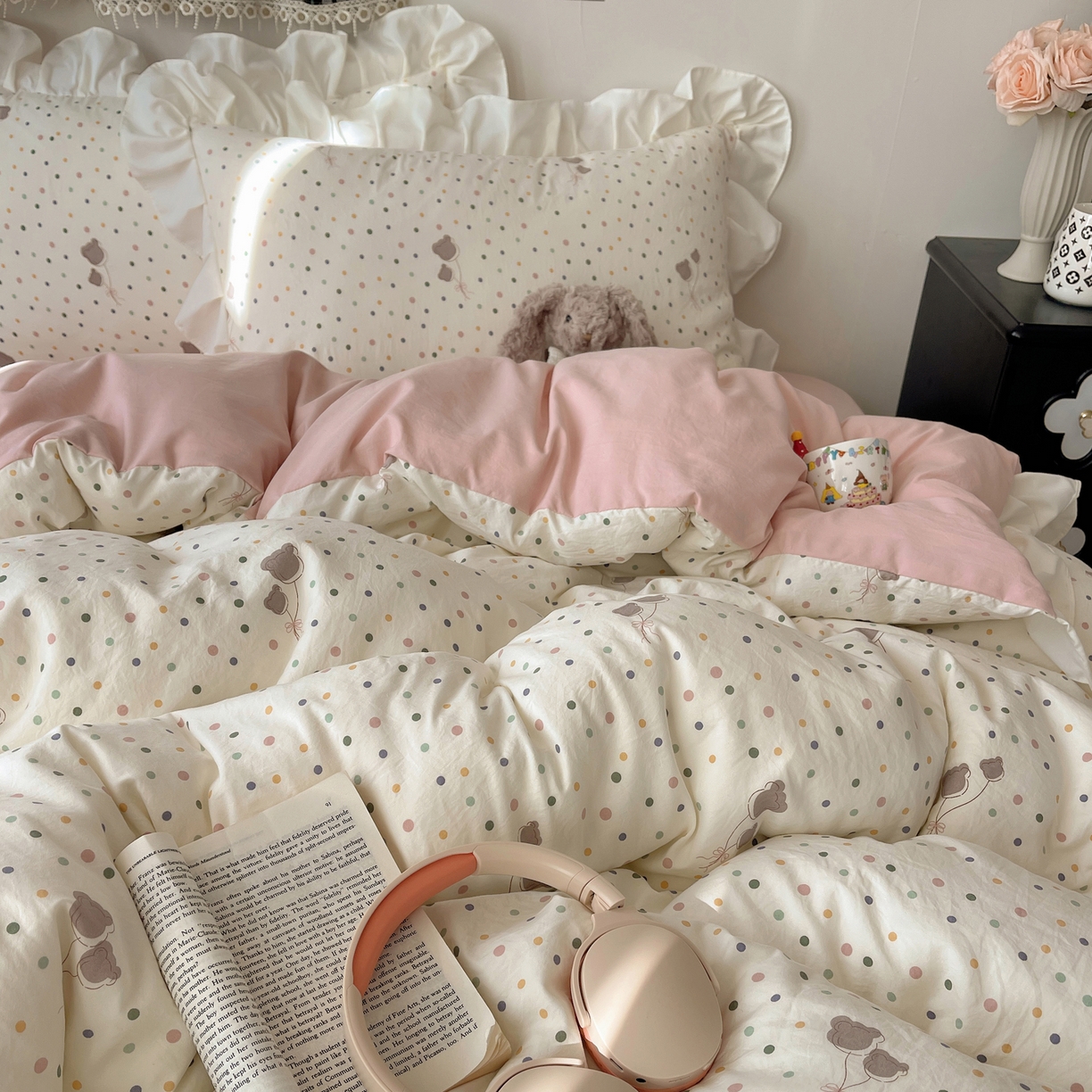 91家纺网 家纺一手货源 找家纺 耀悦家纺 2026新款古法仿棉四件套水洗棉法式工艺花边套件被套床单吊边圆角荷叶边床单 云朵星语