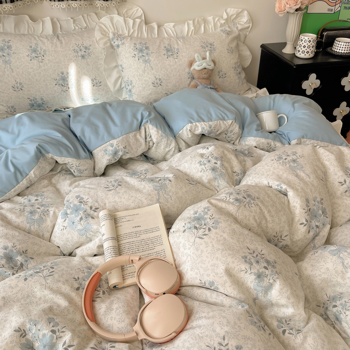 91家纺网 家纺一手货源 找家纺 耀悦家纺 2026新款古法仿棉四件套水洗棉法式工艺花边套件被套床单吊边圆角荷叶边床单 手捧花香