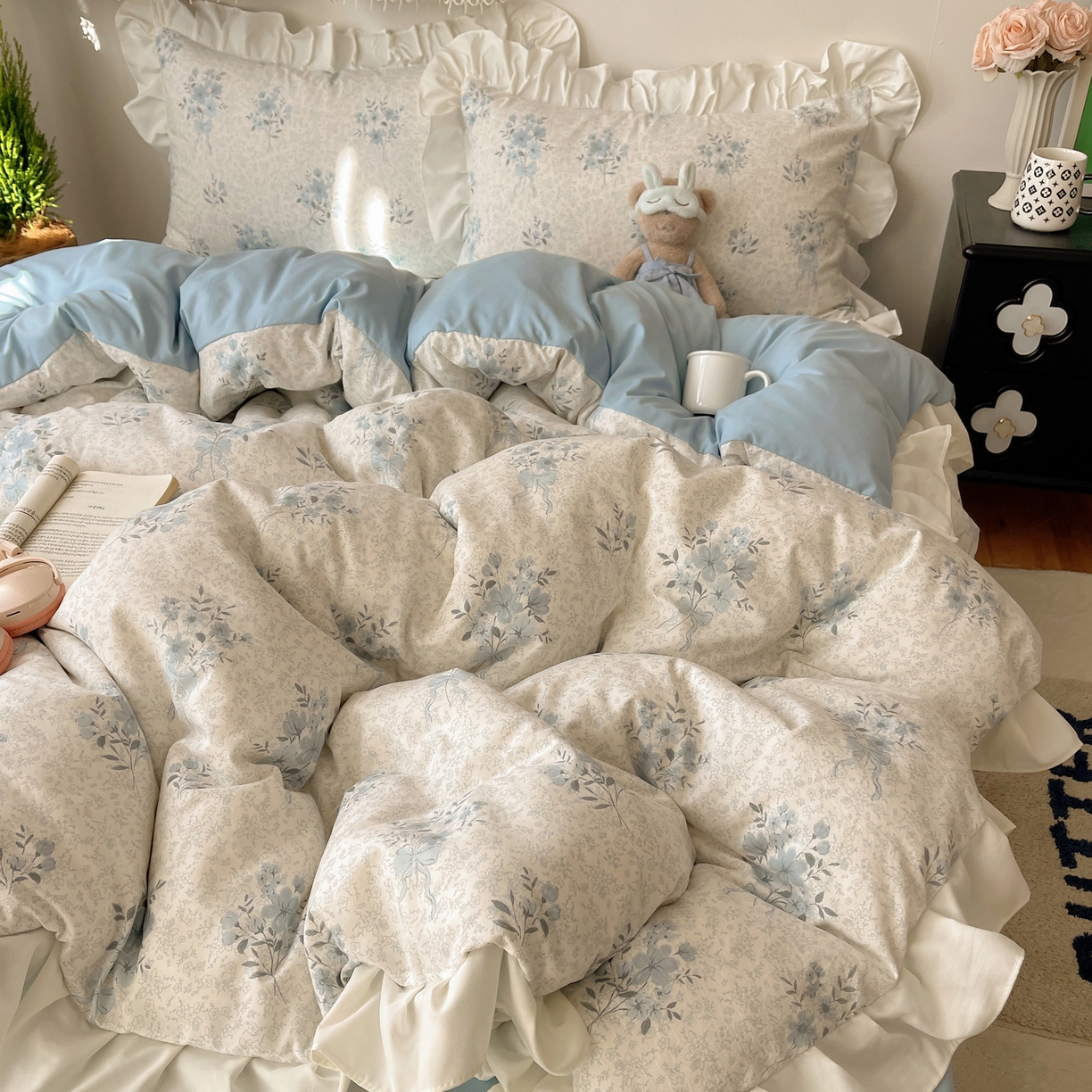 91家纺网 家纺一手货源 找家纺 耀悦家纺 2026新款古法仿棉四件套水洗棉法式工艺花边套件被套床单吊边圆角荷叶边床单 手捧花香