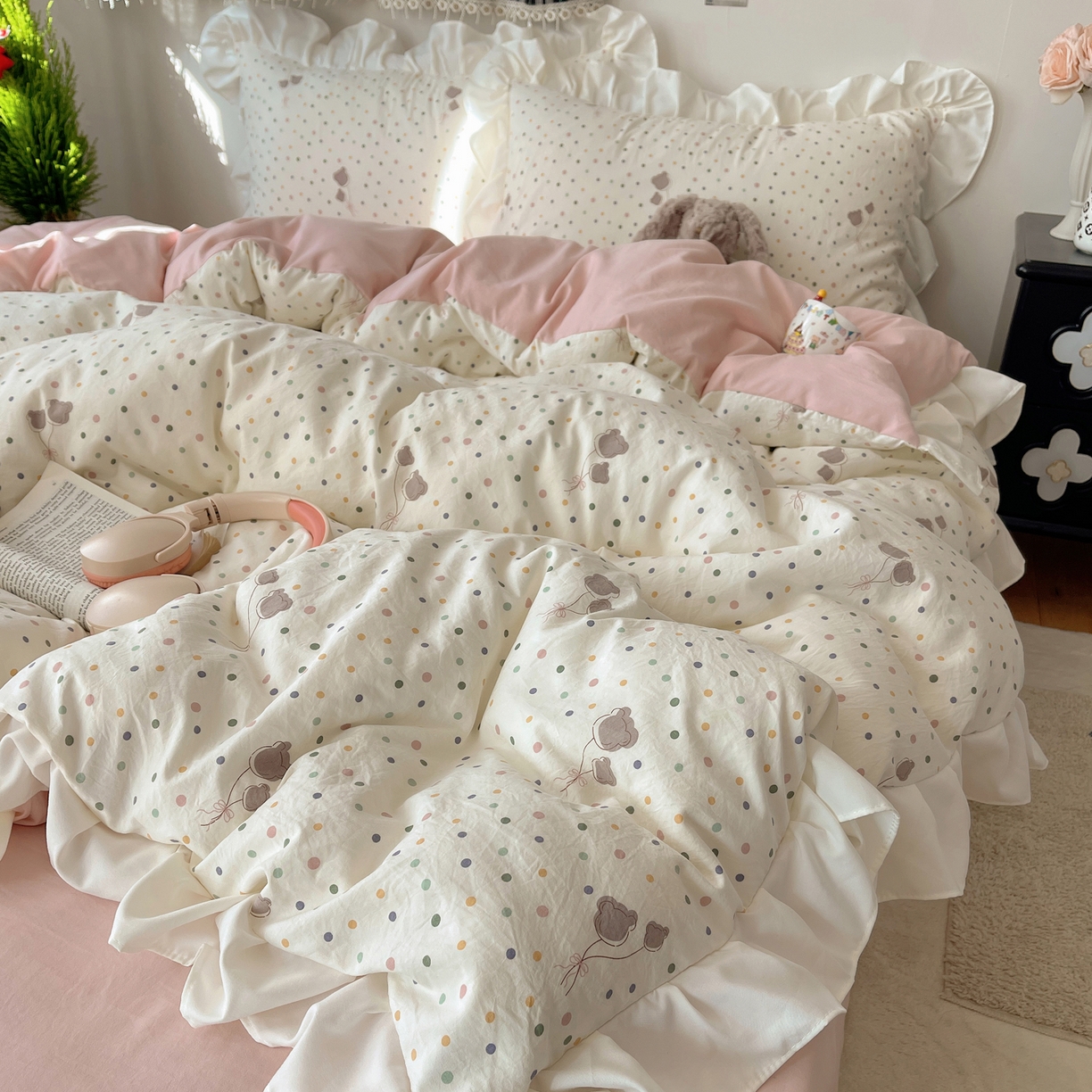 91家纺网 家纺一手货源 找家纺 耀悦家纺 2026新款古法仿棉四件套水洗棉法式工艺花边套件被套床单吊边圆角荷叶边床单 云朵星语