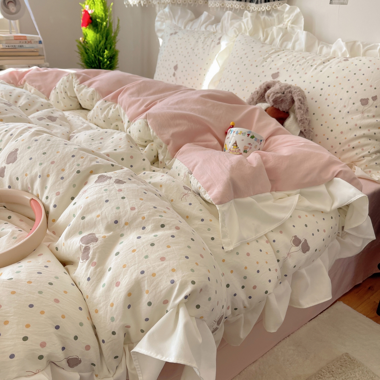 91家纺网 家纺一手货源 找家纺 耀悦家纺 2026新款古法仿棉四件套水洗棉法式工艺花边套件被套床单吊边圆角荷叶边床单 云朵星语