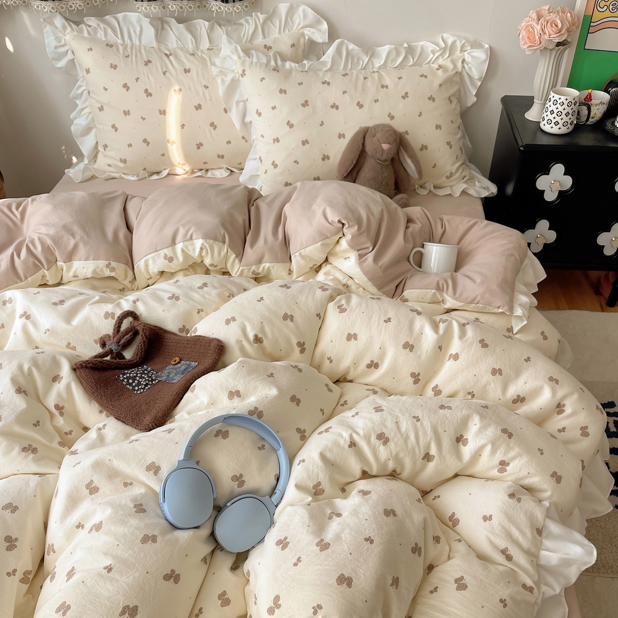 91家纺网 家纺一手货源 找家纺 耀悦家纺 2026新款古法仿棉四件套水洗棉法式工艺花边套件被套床单吊边圆角荷叶边床单 谷蝶漫漫