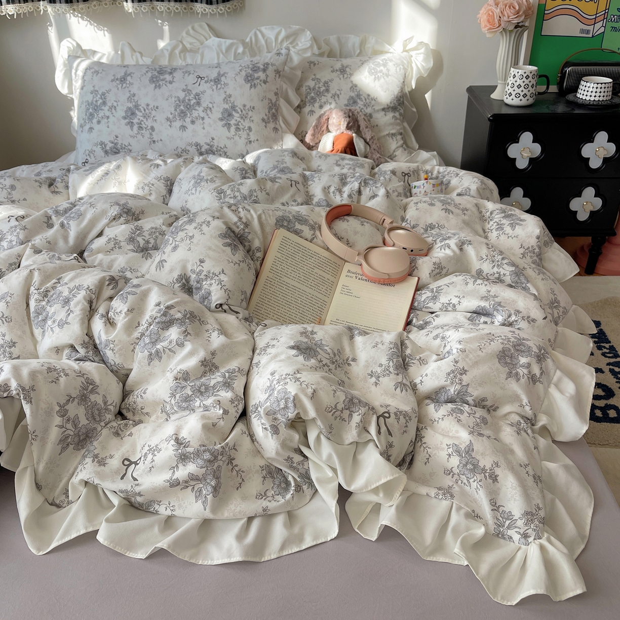 耀悦家纺 2026新款古法仿棉四件套水洗棉法式工艺花边套件被套床单吊边圆角荷叶边床单 无关风月