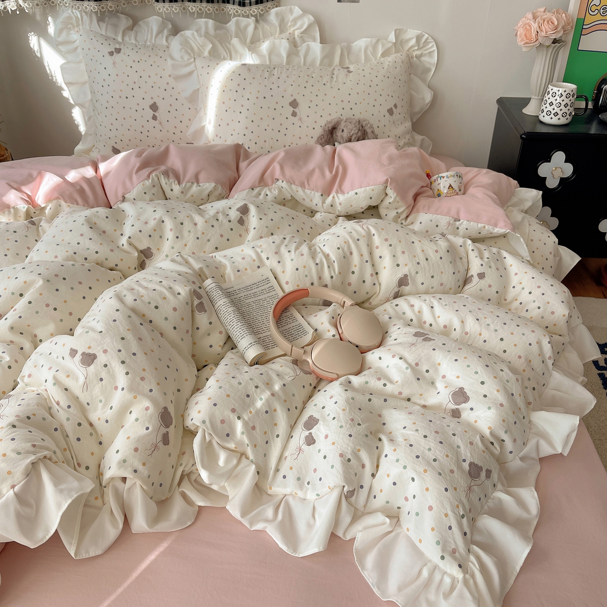 91家纺网 家纺一手货源 找家纺 耀悦家纺 2026新款古法仿棉四件套水洗棉法式工艺花边套件被套床单吊边圆角荷叶边床单 云朵星语