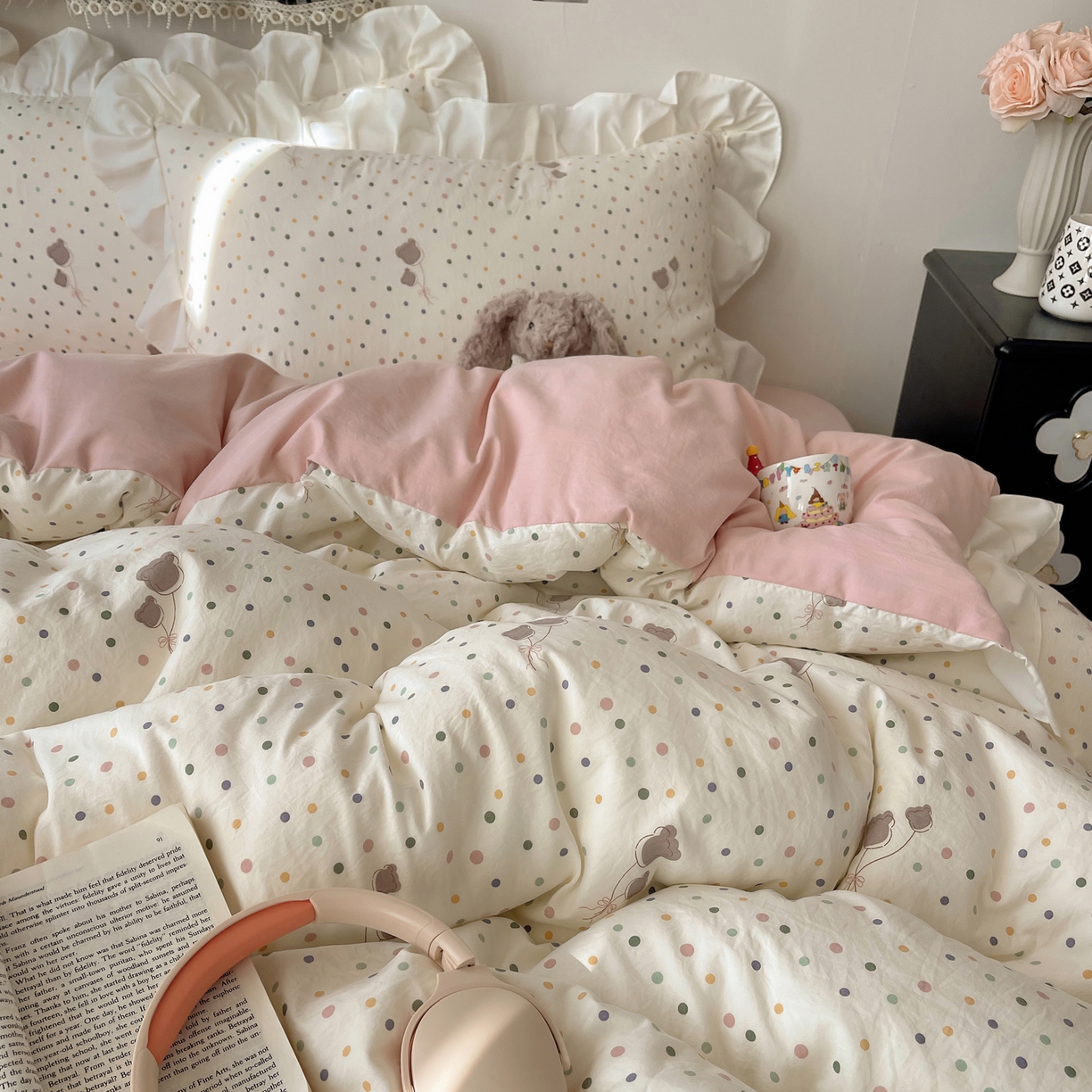 91家纺网 家纺一手货源 找家纺 耀悦家纺 2026新款古法仿棉四件套水洗棉法式工艺花边套件被套床单吊边圆角荷叶边床单 云朵星语