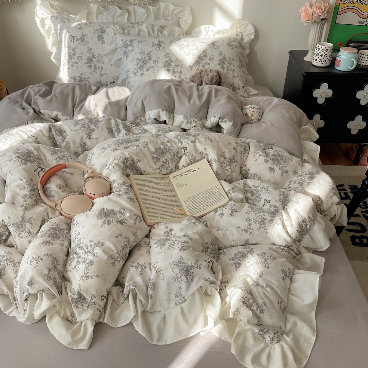 91家纺网 家纺一手货源 找家纺 耀悦家纺 2026新款古法仿棉四件套水洗棉法式工艺花边套件被套床单吊边圆角荷叶边床单 无关风月