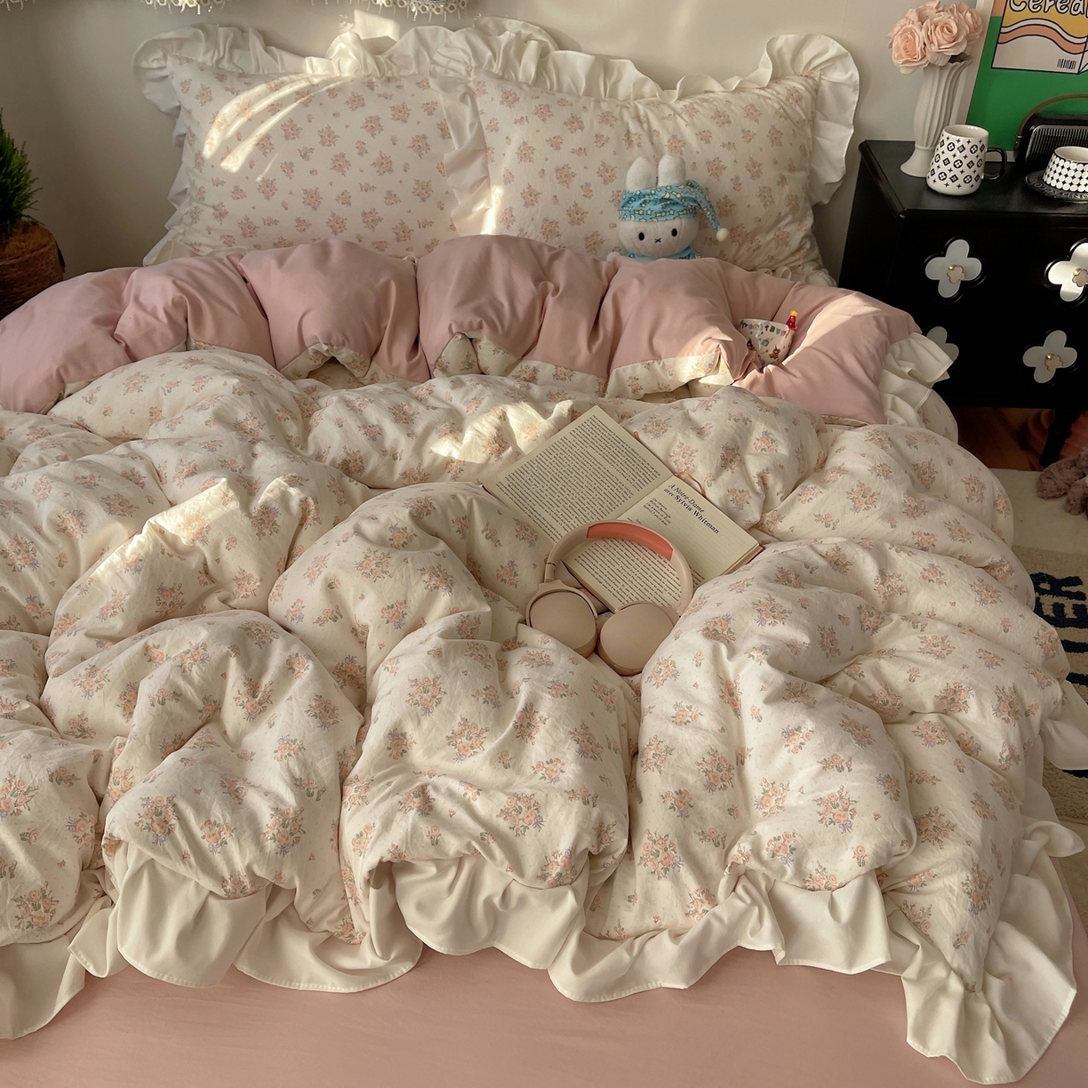 耀悦家纺 2026新款古法仿棉四件套水洗棉法式工艺花边套件被套床单吊边圆角荷叶边床单 月季花开