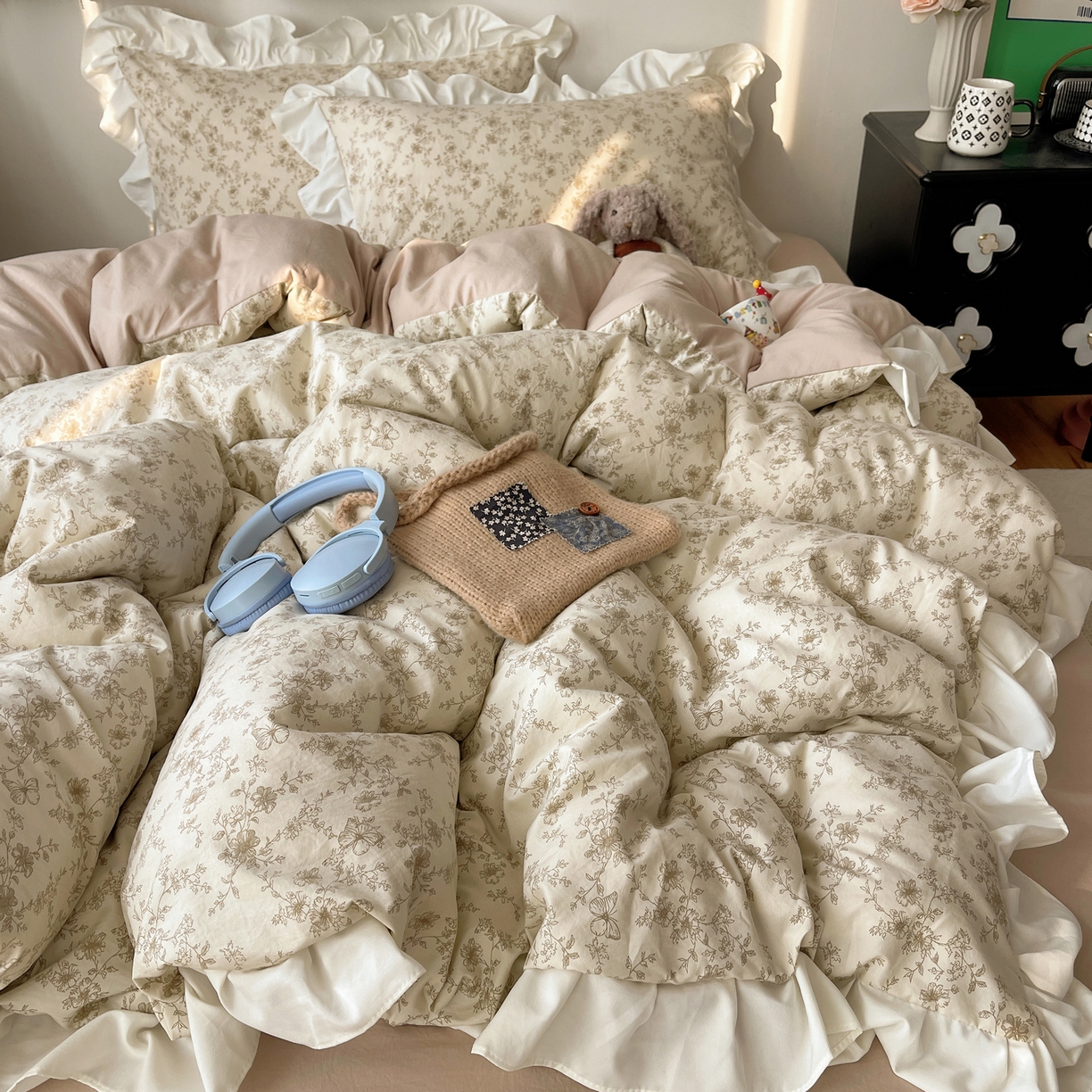 91家纺网 家纺一手货源 找家纺 耀悦家纺 2026新款古法仿棉四件套水洗棉法式工艺花边套件被套床单吊边圆角荷叶边床单 古色古香