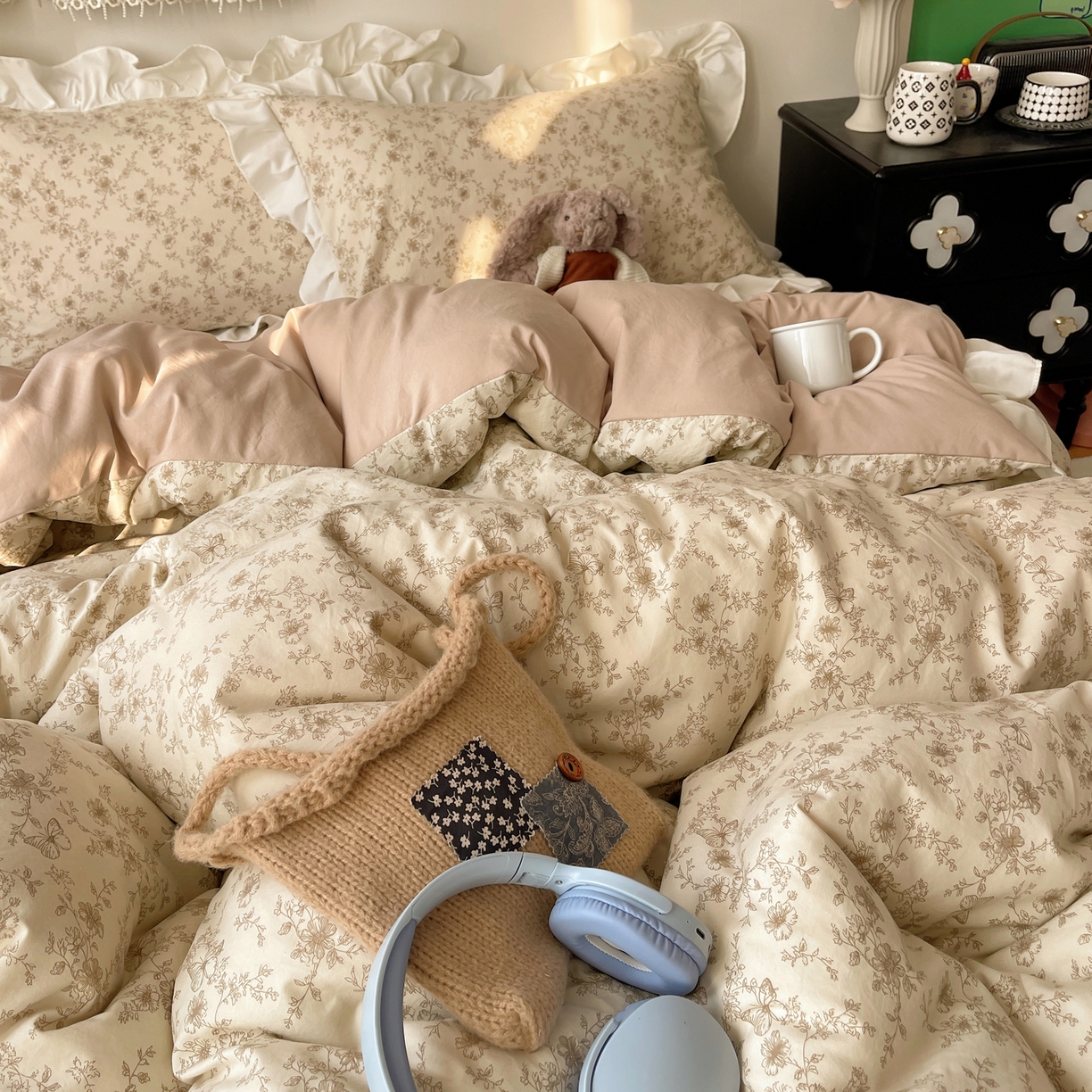 91家纺网 家纺一手货源 找家纺 耀悦家纺 2026新款古法仿棉四件套水洗棉法式工艺花边套件被套床单吊边圆角荷叶边床单 古色古香