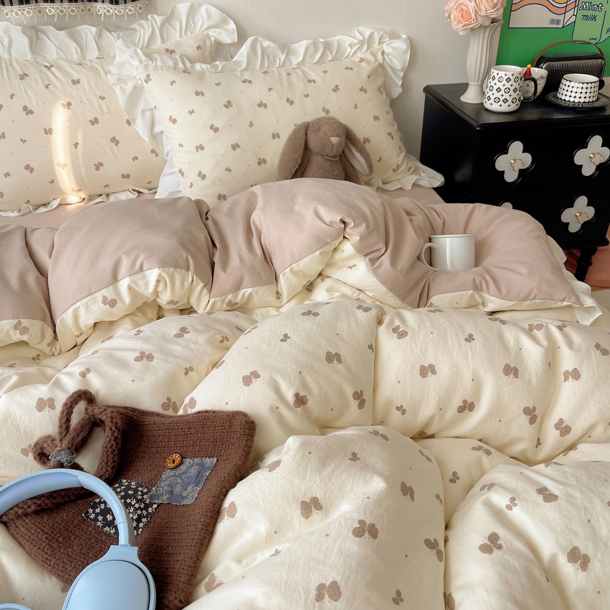 91家纺网 家纺一手货源 找家纺 耀悦家纺 2026新款古法仿棉四件套水洗棉法式工艺花边套件被套床单吊边圆角荷叶边床单 谷蝶漫漫