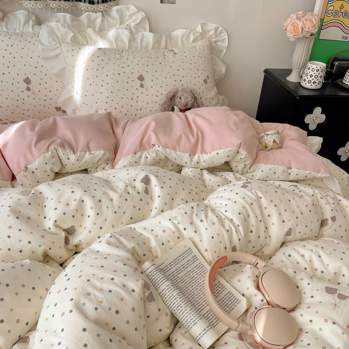 91家纺网 家纺一手货源 找家纺 耀悦家纺 2026新款古法仿棉四件套水洗棉法式工艺花边套件被套床单吊边圆角荷叶边床单 云朵星语