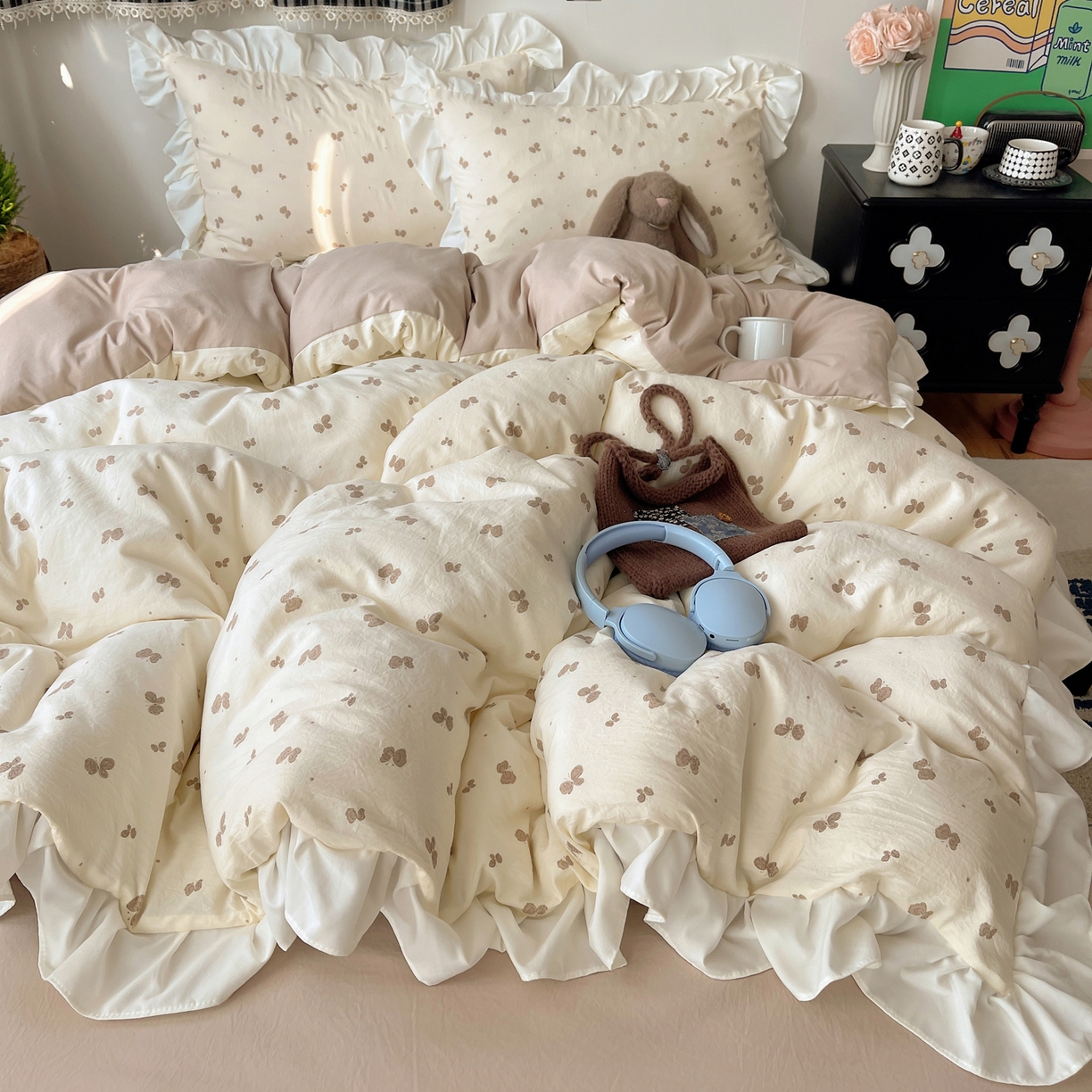 91家纺网 家纺一手货源 找家纺 （总）耀悦家纺 2026新款古法仿棉四件套水洗棉法式工艺花边套件被套床单吊边圆角荷叶边床单