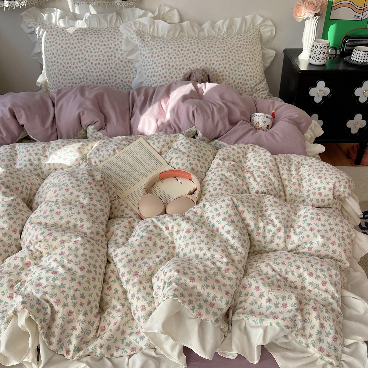 91家纺网 家纺一手货源 找家纺 （总）耀悦家纺 2026新款古法仿棉四件套水洗棉法式工艺花边套件被套床单吊边圆角荷叶边床单