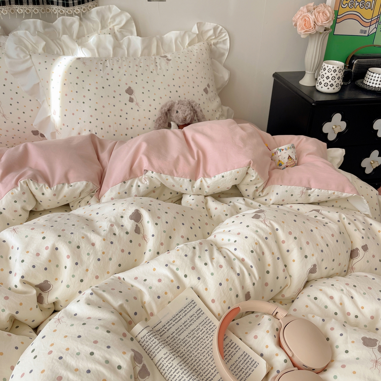 91家纺网 家纺一手货源 找家纺 耀悦家纺 2026新款古法仿棉四件套水洗棉法式工艺花边套件被套床单吊边圆角荷叶边床单 云朵星语