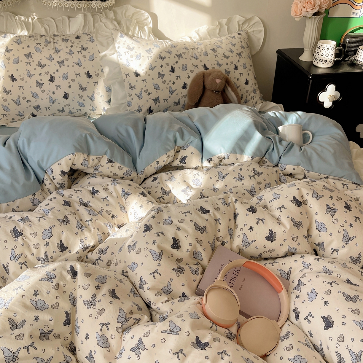 91家纺网 家纺一手货源 找家纺 （总）耀悦家纺 2026新款古法仿棉四件套水洗棉法式工艺花边套件被套床单吊边圆角荷叶边床单