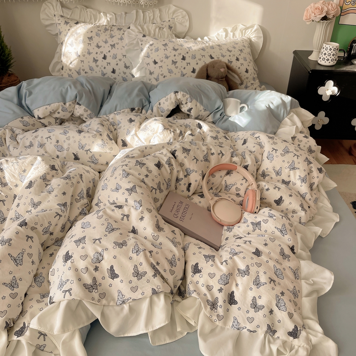 91家纺网 家纺一手货源 找家纺 （总）耀悦家纺 2026新款古法仿棉四件套水洗棉法式工艺花边套件被套床单吊边圆角荷叶边床单