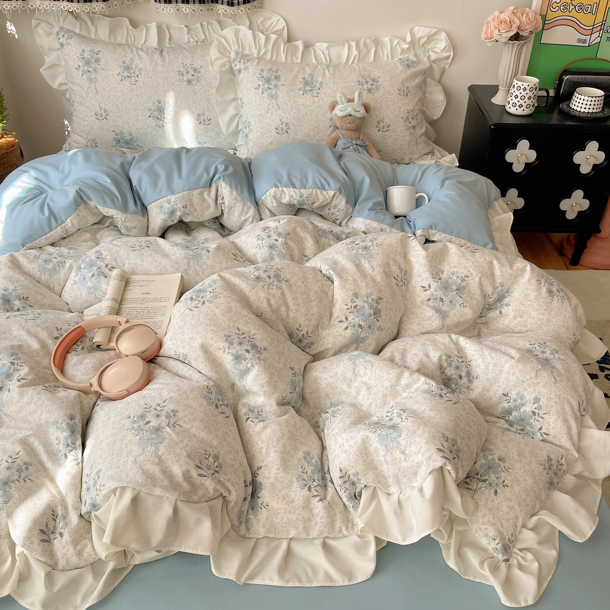 91家纺网 家纺一手货源 找家纺 耀悦家纺 2026新款古法仿棉四件套水洗棉法式工艺花边套件被套床单吊边圆角荷叶边床单 手捧花香