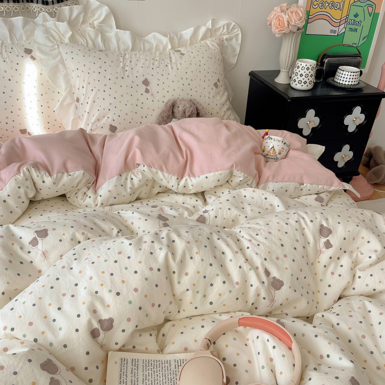 91家纺网 家纺一手货源 找家纺 耀悦家纺 2026新款古法仿棉四件套水洗棉法式工艺花边套件被套床单吊边圆角荷叶边床单 云朵星语