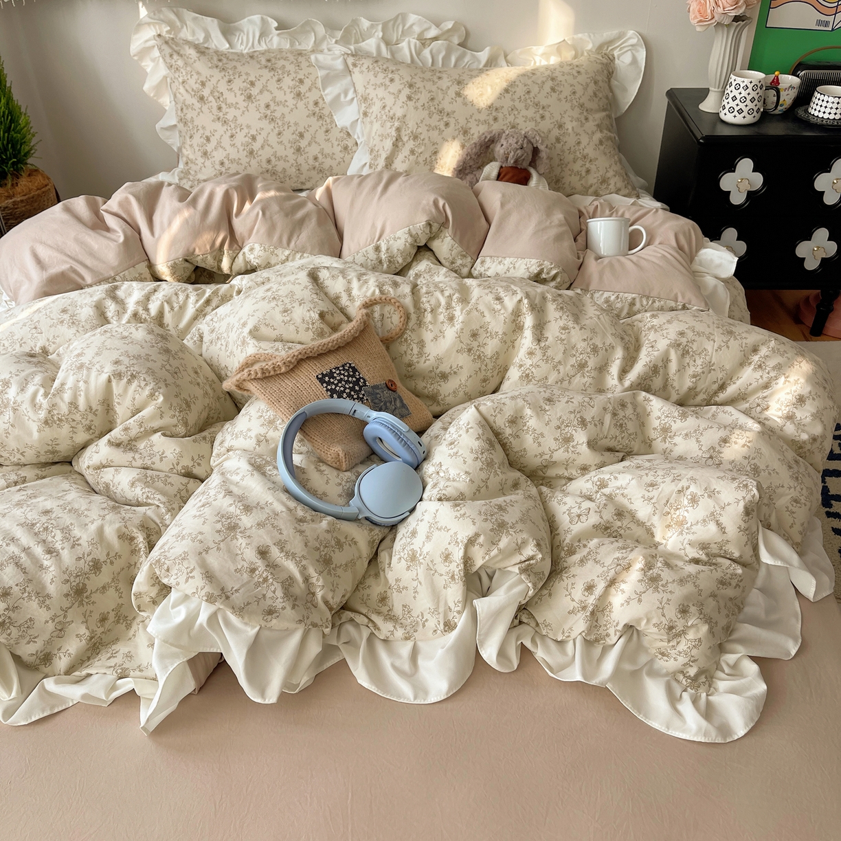 91家纺网 家纺一手货源 找家纺 （总）耀悦家纺 2026新款古法仿棉四件套水洗棉法式工艺花边套件被套床单吊边圆角荷叶边床单