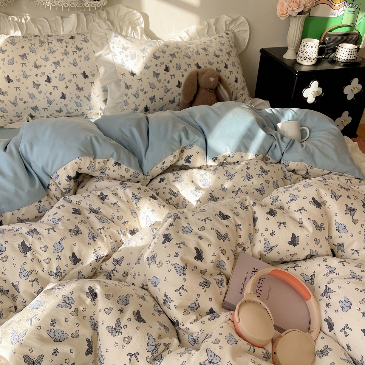 91家纺网 家纺一手货源 找家纺 （总）耀悦家纺 2026新款古法仿棉四件套水洗棉法式工艺花边套件被套床单吊边圆角荷叶边床单