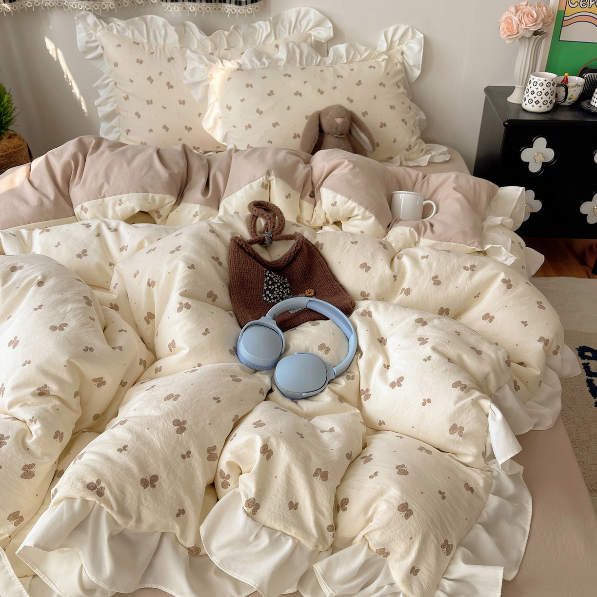 91家纺网 家纺一手货源 找家纺 耀悦家纺 2026新款古法仿棉四件套水洗棉法式工艺花边套件被套床单吊边圆角荷叶边床单 谷蝶漫漫