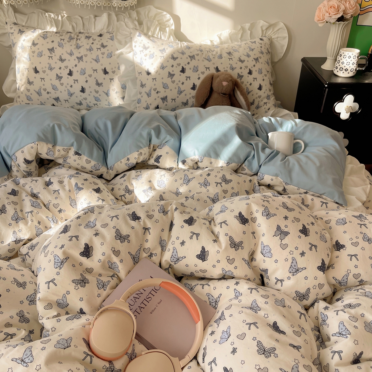 91家纺网 家纺一手货源 找家纺 （总）耀悦家纺 2026新款古法仿棉四件套水洗棉法式工艺花边套件被套床单吊边圆角荷叶边床单