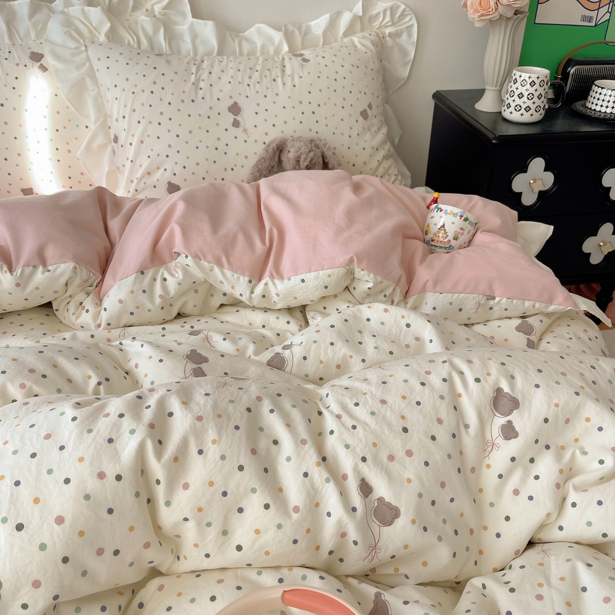 91家纺网 家纺一手货源 找家纺 耀悦家纺 2026新款古法仿棉四件套水洗棉法式工艺花边套件被套床单吊边圆角荷叶边床单 云朵星语