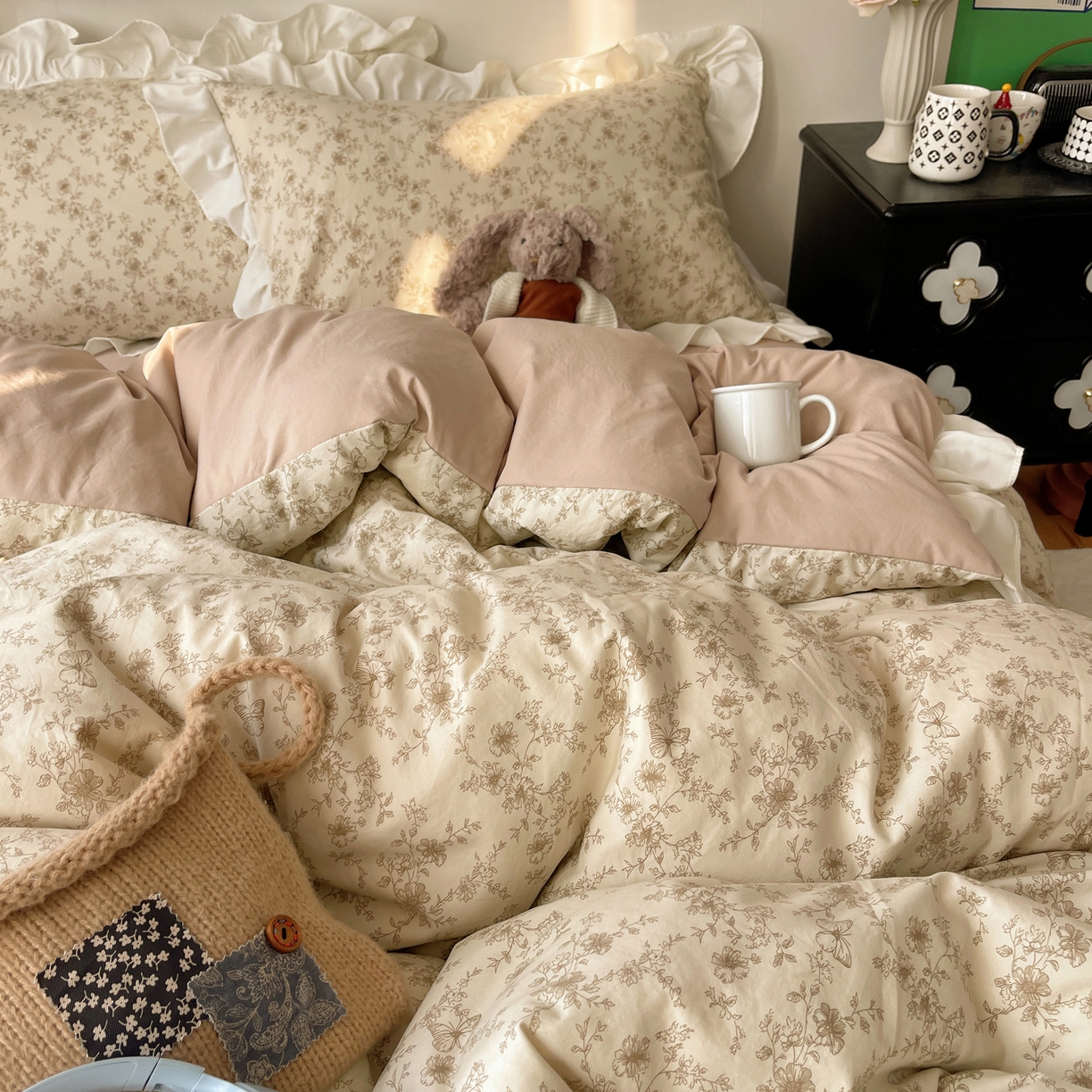 91家纺网 家纺一手货源 找家纺 耀悦家纺 2026新款古法仿棉四件套水洗棉法式工艺花边套件被套床单吊边圆角荷叶边床单 古色古香