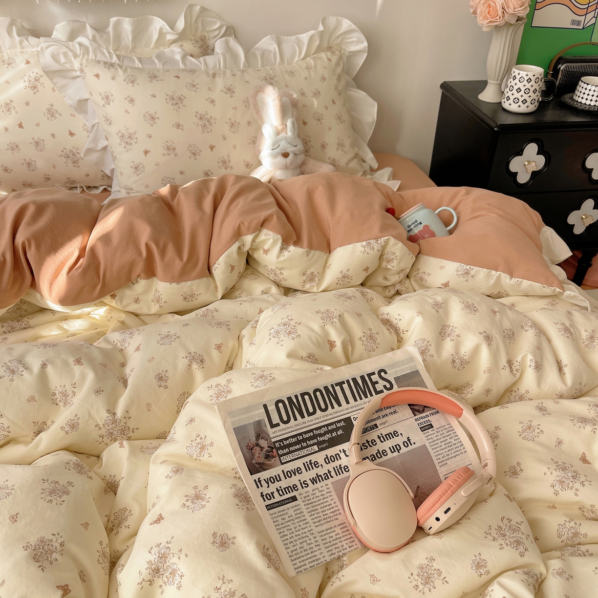 91家纺网 家纺一手货源 找家纺 耀悦家纺 2026新款古法仿棉四件套水洗棉法式工艺花边套件被套床单吊边圆角荷叶边床单 晨曦梦境