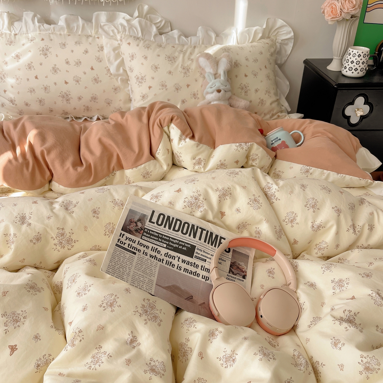 91家纺网 家纺一手货源 找家纺 耀悦家纺 2026新款古法仿棉四件套水洗棉法式工艺花边套件被套床单吊边圆角荷叶边床单 晨曦梦境