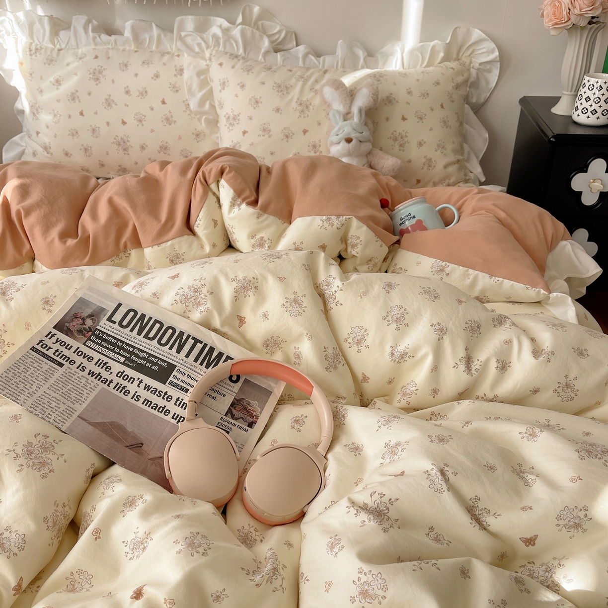 91家纺网 家纺一手货源 找家纺 耀悦家纺 2026新款古法仿棉四件套水洗棉法式工艺花边套件被套床单吊边圆角荷叶边床单 晨曦梦境